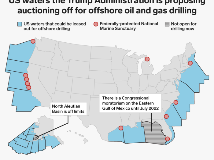 In January 2018, the Trump administration proposed auctioning off nearly all US coastal waters for offshore drilling. The federal Bureau of Ocean Energy Management estimated the new plan would make "more than 98%" of the waters off the US available for oil and gas leasing over the next five years.