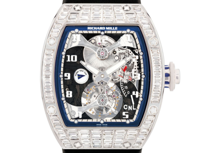 10. Designed and signed by Richard Mille, this rare platinum and baguette-cut, diamond-set tourbillon wristwatch sold for a cool $566,014.