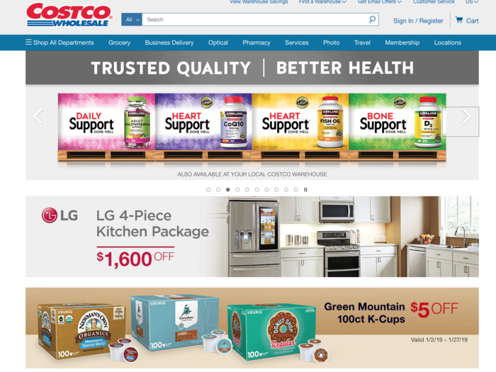 Costco doesn't require a membership to shop online, but a membership is necessary to access two-day delivery. The homepage of the website is very busy.