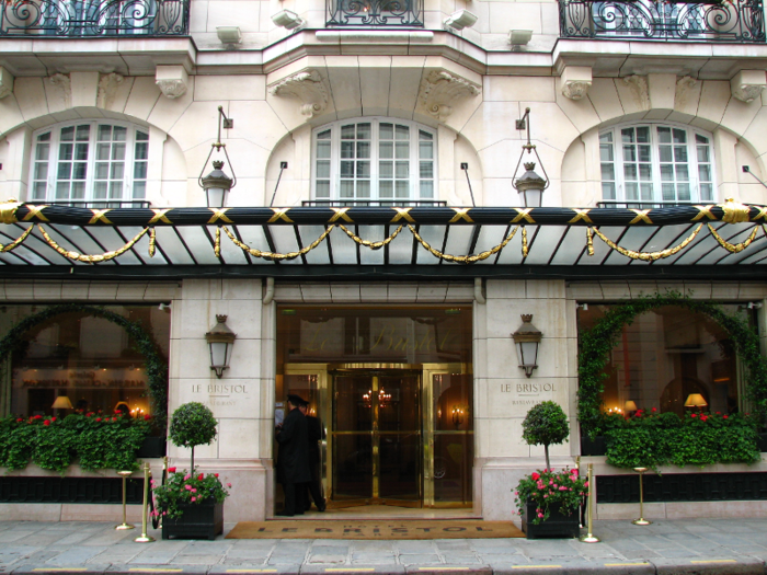 Le Bristol sits in a grand building on Rue du Faubourg Saint-Honoré, just off the famous Avenue des Champs-Élysées, and about a block away from the Élysée Palace, the French president's official residence.