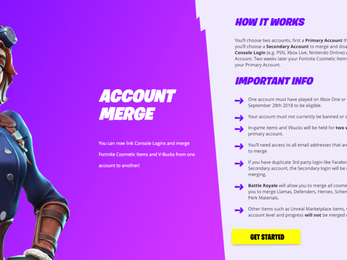 The account merge process starts on the "Fortnite" website.
