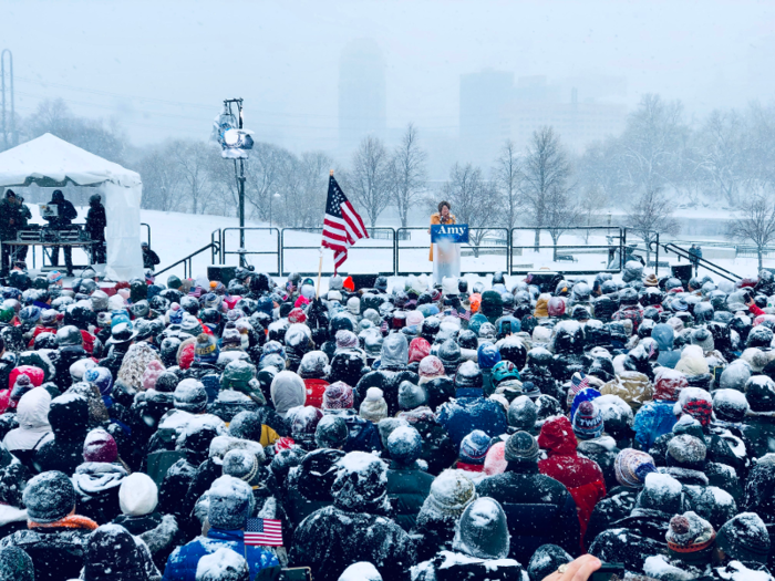 Democratic Senator Amy Klobuchar arrived at Boom Island Park in Minneapolis on Sunday afternoon after saying on Twitter she would make a "big announcement," which prompted supporters to show up in droves in anticipation of her anticipated presidential bid.
