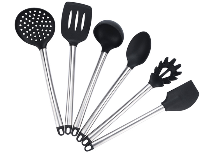 A six-piece silicone utensil set consisting of a spoon, ladle, slotted turner, strainer, spaghetti server, and spatula