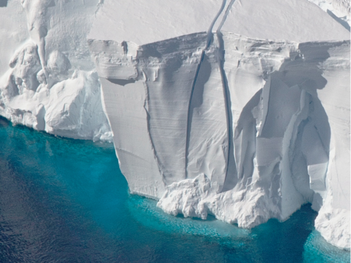 The Thwaites Glacier, an integral part of the Antarctic ice sheet, has an ice shelf that floats on water.