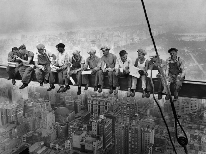 1932: This image of 11 construction workers sitting on a beam of what is now the GE Building 850 feet above New York City began as a publicity stunt but became an iconic early symbol of the building boom at the height of American industrialization.