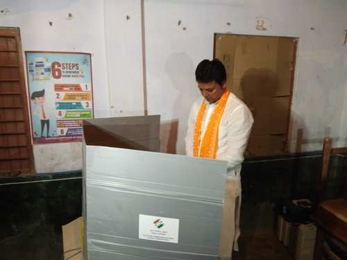 Tripura Chief Minister Biplab Kumar Deb casts his vote at Udaipur English Medium High School in South Tripura on April 11, 2019.