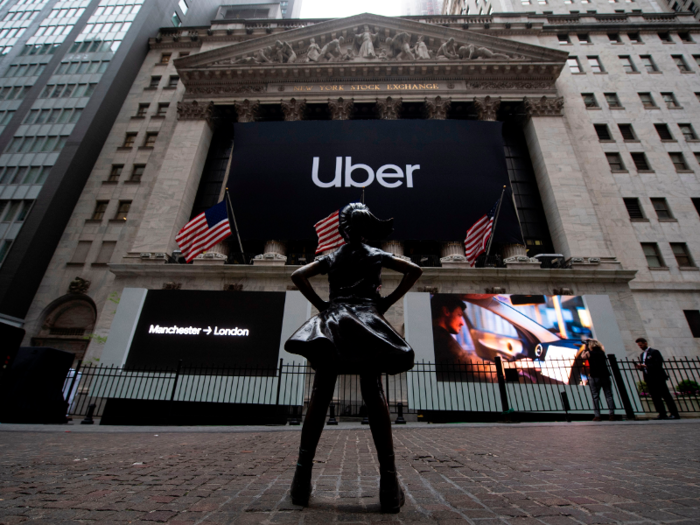 Uber's banner was hanging outside the facade of the NYSE on Friday morning ahead of the trading opening bell.