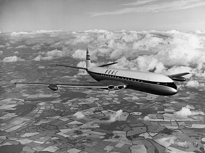 The age of jet-powered scheduled passenger air travel kicked off in 1952 with the DeHavilland Comet 1. However, a series of fatal crashes between 1952 and 1954 forced the plane to be grounded for modifications. Even though later versions of the jet such as the Comet 3 seen here would go on to serve successfully in airline fleets around the world, it was no longer at the forefront of the industry.