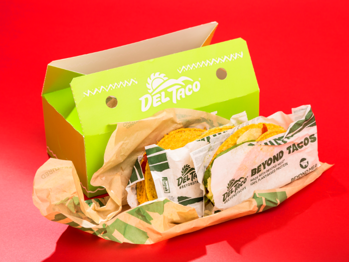 Del Taco serves two tacos made with Beyond Meat products: the Beyond Taco, which simply substitutes ground beef for plant-based proteins, and the vegan, cheese-free Beyond Avocado Taco.