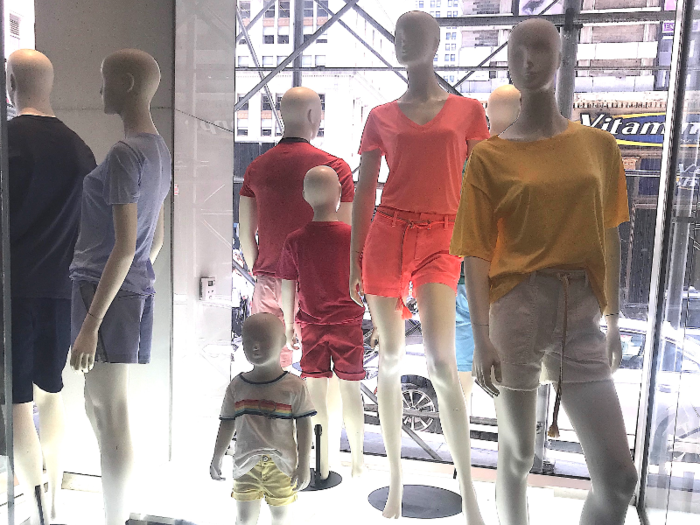 We visited a Gap store in Manhattan's Financial District. The three-story location sells an assortment of womenswear, menswear, children's clothing, intimates, and athletic apparel.