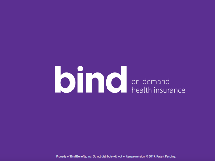 The slide deck starts with Bind's logo and simple description: "On-demand health insurance." The meaning of that phrase the slides will soon elaborate on.
