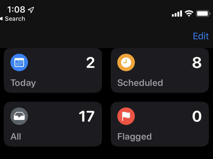 The new home screen automatically organizes reminders into certain lists, like Today, Scheduled, Flagged, and All.