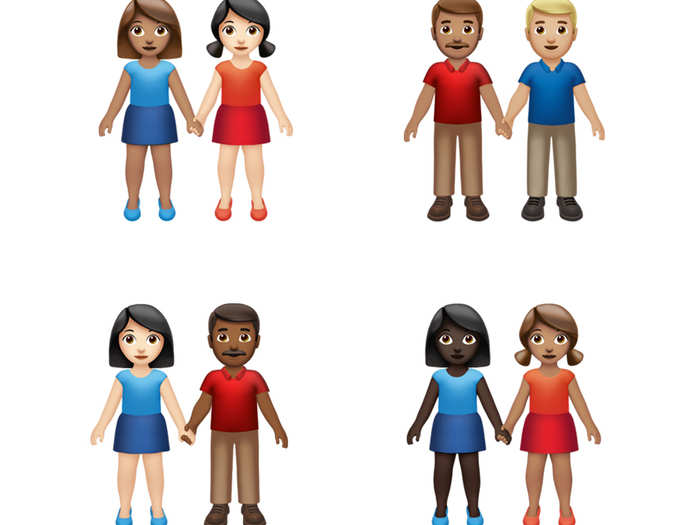 The new version of the holding-hand emoji will let users choose any combination of skin tone and gender. Apple says there are 75 total combinations available.