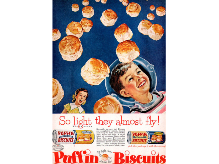 This ad for Puffin Biscuits appeared in Life magazine. 'So light they almost fly!' (1956)