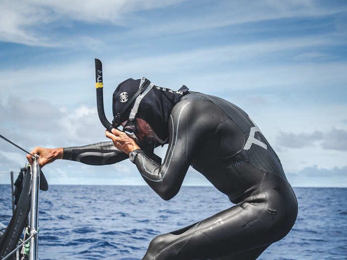 Lecomte wanted to log at least 300 nautical miles in the garbage patch (roughly equivalent to 345 miles) because it's estimated that the world produces about 300 million tons of plastic every year. So he is swimming more than one mile for each million tons.