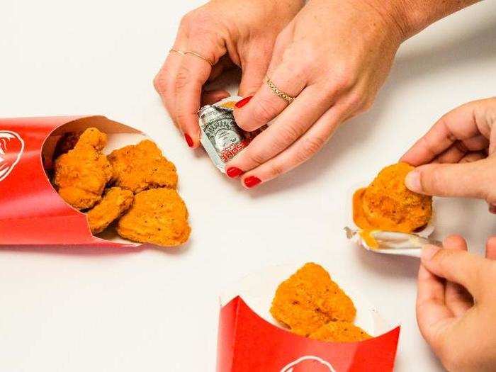The Spicy Chicken Nuggets look like normal Wendy's chicken nuggets, except with a red tinge.