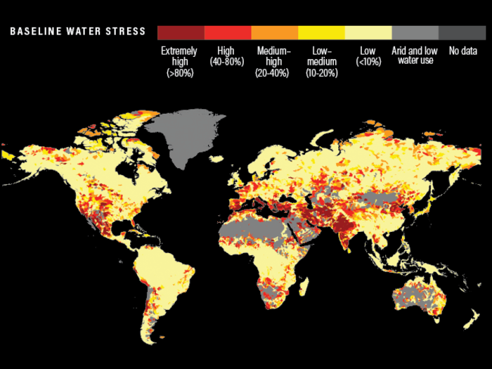The World Resource Institute released new data showing the levels of water stress across the globe. The map shows water stress (marked in red) is often near the equator.
