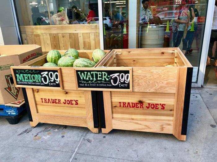 1. THEME: Trader Joe's has a nautical theme. Many design elements — like these wooden watermelon crates outside the front doors — made the store feel like a coastal trading post.