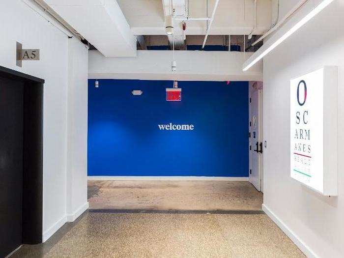 Oscar moved into its newest offices in June. The office is on the fifth floor at 75 Varick Street, on Manhattan's west side. Stepping off the elevator, employees and guests are greeted by a characteristically blue Oscar "welcome."