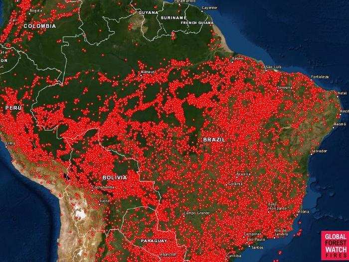 The Amazon Rainforest is 1.4 billion acres of some of the most important, biodiverse land on the planet, spanning the countries of Brazil, Peru, Colombia, Ecuador, Bolivia, and Venezuela. The areas marked in red on this map show every fire that has started burning since August 13, 2019.