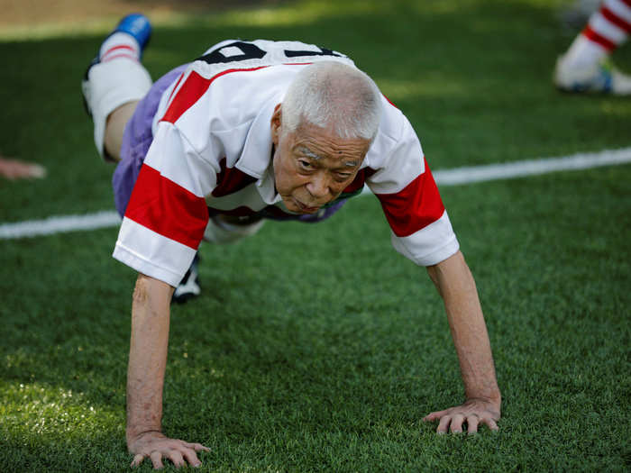 Stretching before a game becomes even more important when you're nearly 90 years old.