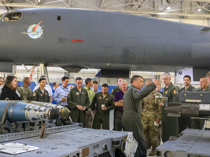 Ross said that the B-1B was designed with eight hard points to carry weapons, as well as a moveable bulkhead. The demonstration showed a notional hypersonic missile mock-up attached to a Conventional Rotary Launcher; the same CRL used on the B-52H.