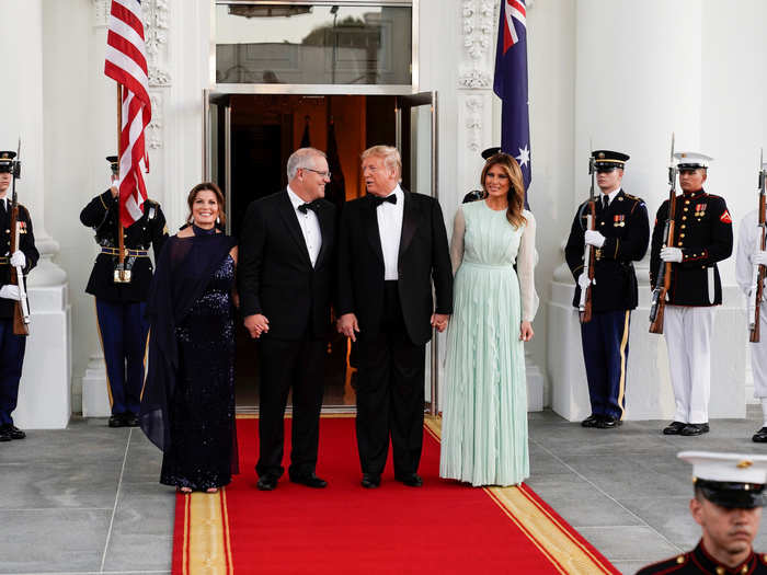 The Trumps greeted the guests of honor, the Morrisons, at the North Portico of the White House. State dinners are meant to highlight diplomatic relations between the two countries, and each detail is selected to show that.