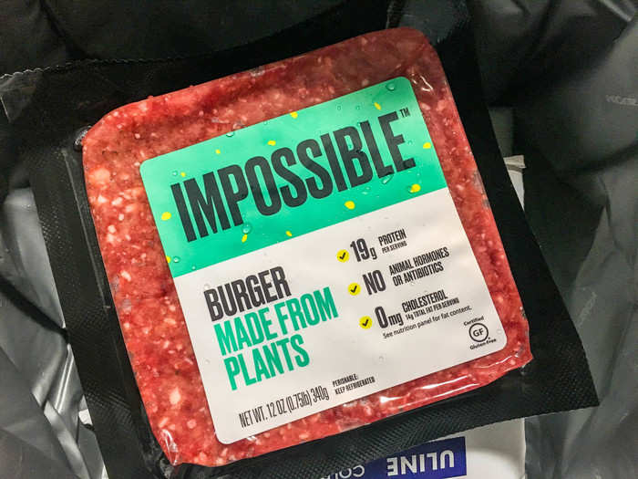 Impossible Burger grounds come in standard packaging for a 12-oz package of ground beef. It looked so much like the real stuff that it was hard to believe it wasn't.