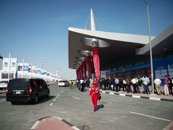 The Dubai Airshow takes place near Al Maktoum International Airport, about 25 miles into the desert from the famous Dubai Marina.