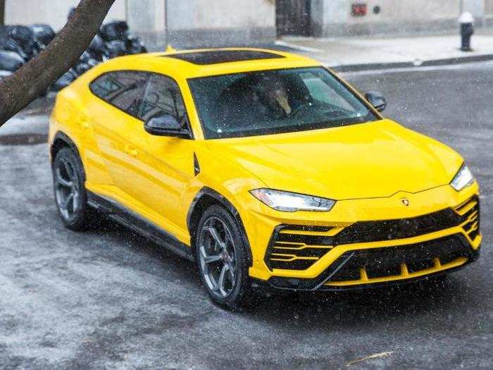 The 2019 Lamborghini Urus, the most flamboyant SUV on the market, arrived at our New York headquarters on a snowy day. The very Lambo color was "Giallo Auge" — that's Italian and Spanish for "Yellow Boom." Subtle!