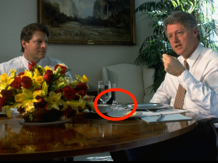 To set the scene, we'll start with former President Bill Clinton. It appears he and former Vice President Al Gore ate lunch with typical-sized, nondescript salt and pepper shakers.