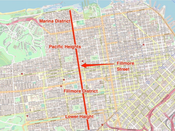 Fillmore Street runs north to south from the water's edge in the Marina neighborhood through the Fillmore District and into the Lower Haight.