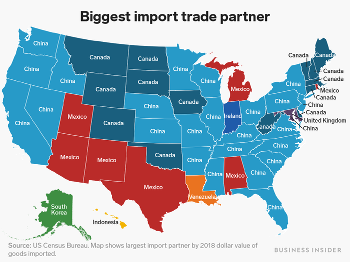 This map shows the biggest import trade partner for each state in 2018. Fully 24 states and the District of Columbia imported more goods from China than from any other country.