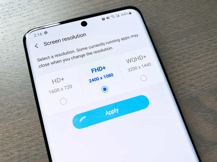 The Galaxy S20 has a sharp WQHD 1440p display, but it's set to FHD 1080p by default. Don't change that — it's better for your battery life, and FHD still looks great.