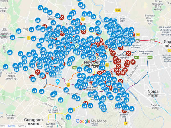 Map: Hunger Relief Facilities and Government Ration Shops in Delhi