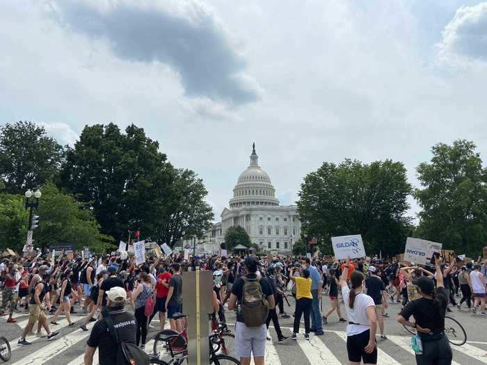Protesters marched peacefully down the newly renamed Black Lives Matter plaza in front of the White House, chanting slogans like, "No justice, no peace," "Black Lives Matter," and, "Whose streets? Our streets."