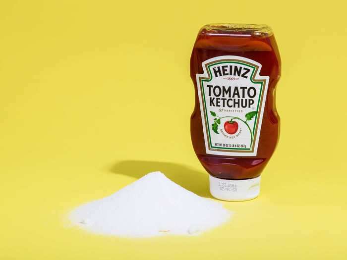 A 20-ounce bottle of Heinz tomato ketchup contains about two-thirds of a cup of sugar.