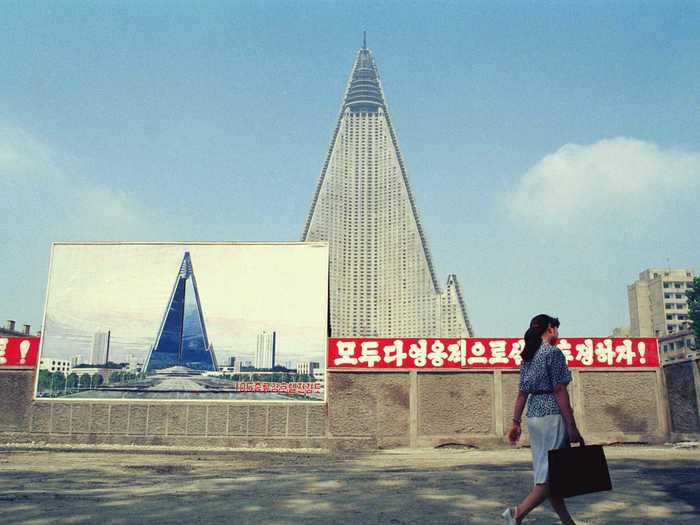 Construction on the Ryugyong Hotel began in Pyongyang in 1987, but halted due to economic troubles in North Korea.