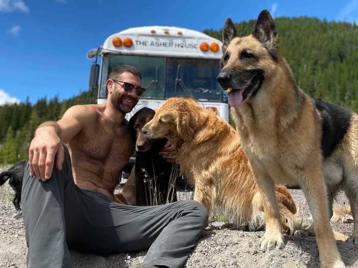 Lee Asher has always been passionate about rescue animals — especially dogs. He has ten rescue dogs and they travel around the US together in a converted school bus.