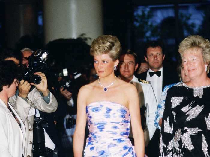 Princess Diana wore an off-the-shoulder Catherine Walker gown during a royal tour of Australia in 1988.