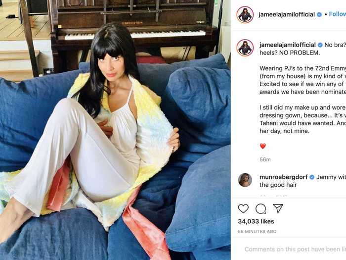 Jameela Jamil paired a white pajama set with a sparkly dressing gown.