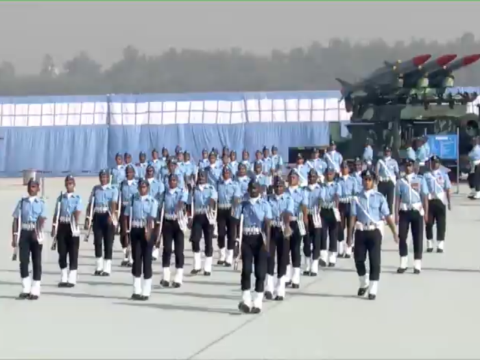 The first squadron kicks off the Air Force Day 2020 parade, saluting RKS Bhadauria as they march past the Air Chief Marshal.