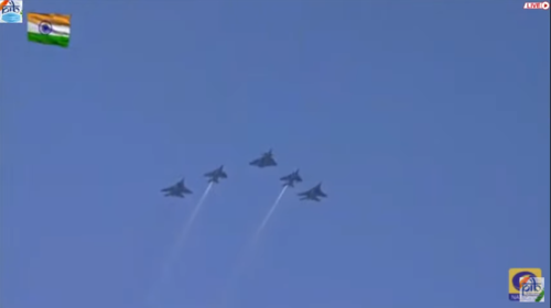 'Eklavya' formation comprising one Rafale, two Jaguars and two MiG-29s fly past the Rajpath.