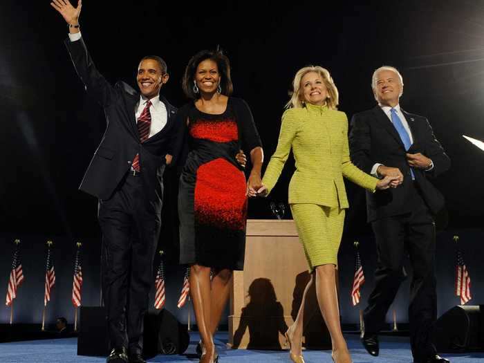 At a 2008 election night party, Jill Biden stood out in a chartreuse skirt suit.