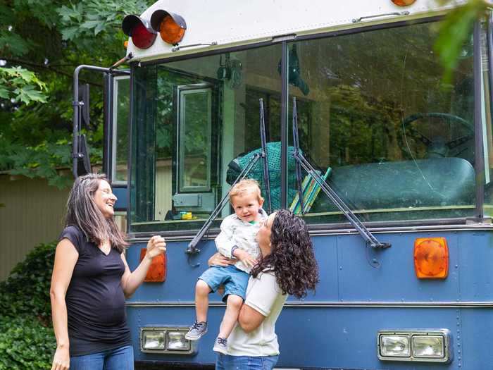 Moms Sarah Storey and Melanie Tumlin transformed a school bus into a tiny home for their kids Baylor, 2, and Hayes, 4 months, as well as their dog, Lump.
