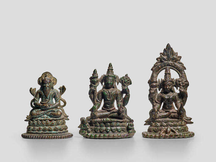 Miniature copper figures of Vishnu, Vaishnavi and a Rishi