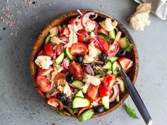 A panzanella salad with rotisserie chicken will definitely get you in the mood for spring.
