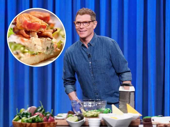 Bobby Flay makes his BLT with fried red tomatoes and shrimp remoulade.