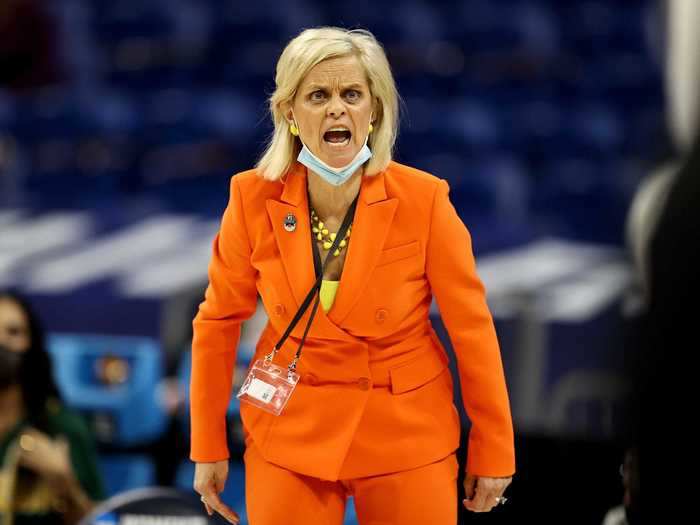 Baylor head coach Kim Mulkey shouts to her team during their Sweet Sixteen matchup against Michigan.
