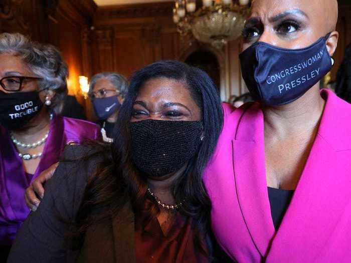 Rep. Cori Bush, a Democrat from Missouri and Black Lives Matter activist, could be seen crying as she embraced Rep. Ayanna Pressley.